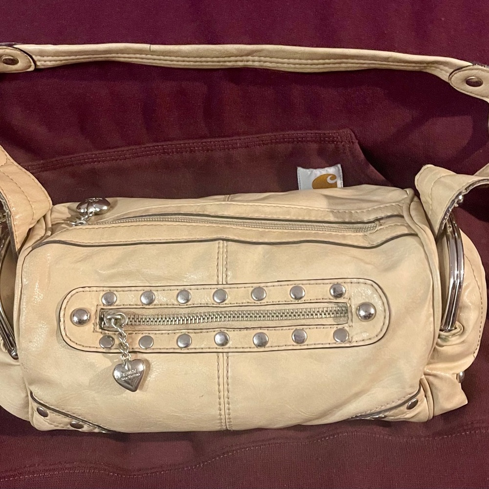 Kathy Van Zeeland Cream Studded Vinyl Mini Duffle Bag